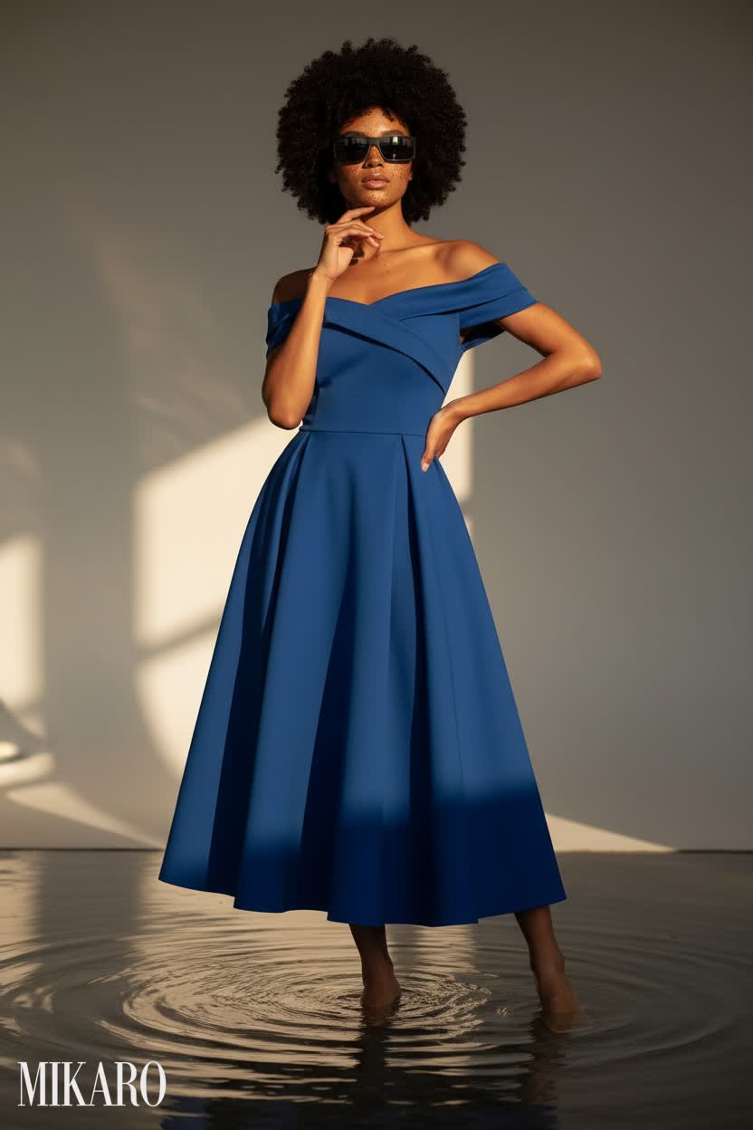 Royal Blue Midi Dress with Chic Sunglasses