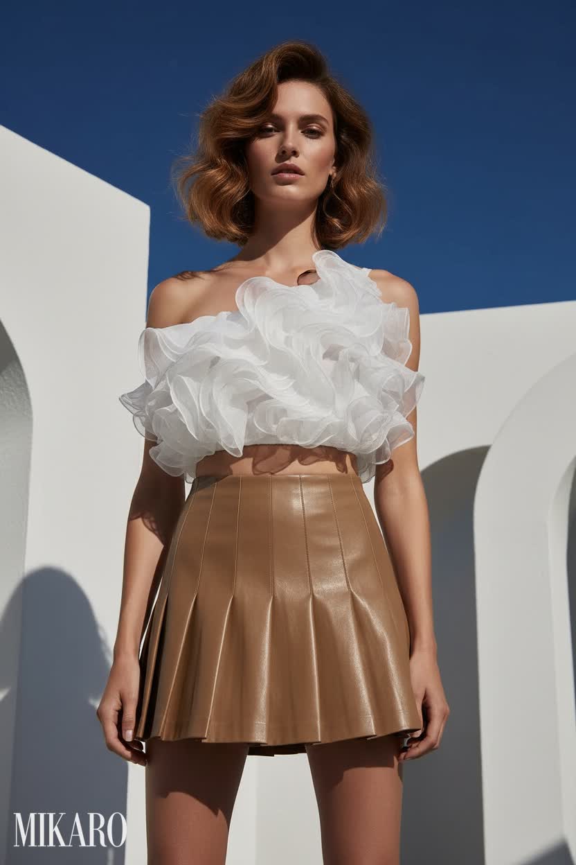 Ruffled Chiffon Top & Vegan Leather Pleated Skirt