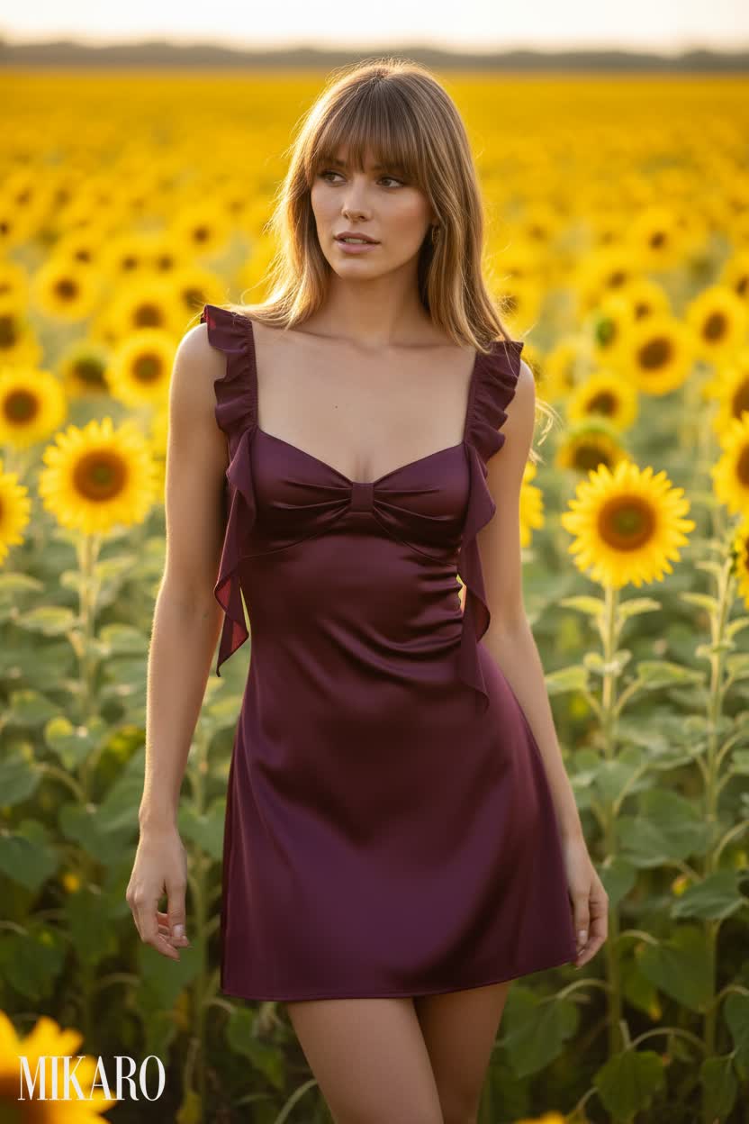 Ruffled Satin Mini Dress in Sunflower Field