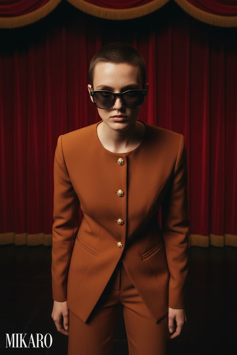 Rust Business Suit with Versace Sunglasses on Stage