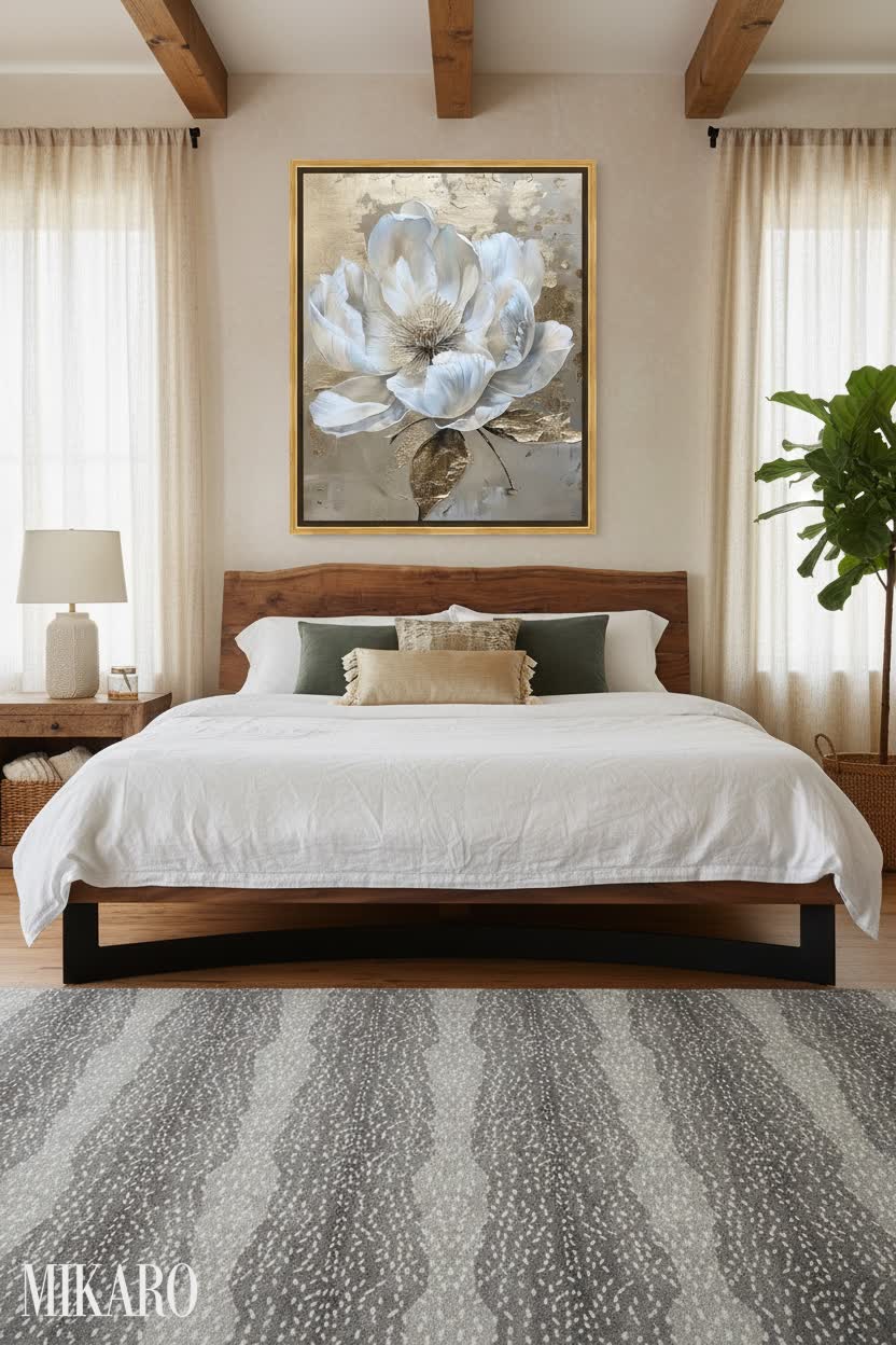 Rustic Bedroom Oasis: Cozy Retreat with Floral Art & Wool Rug