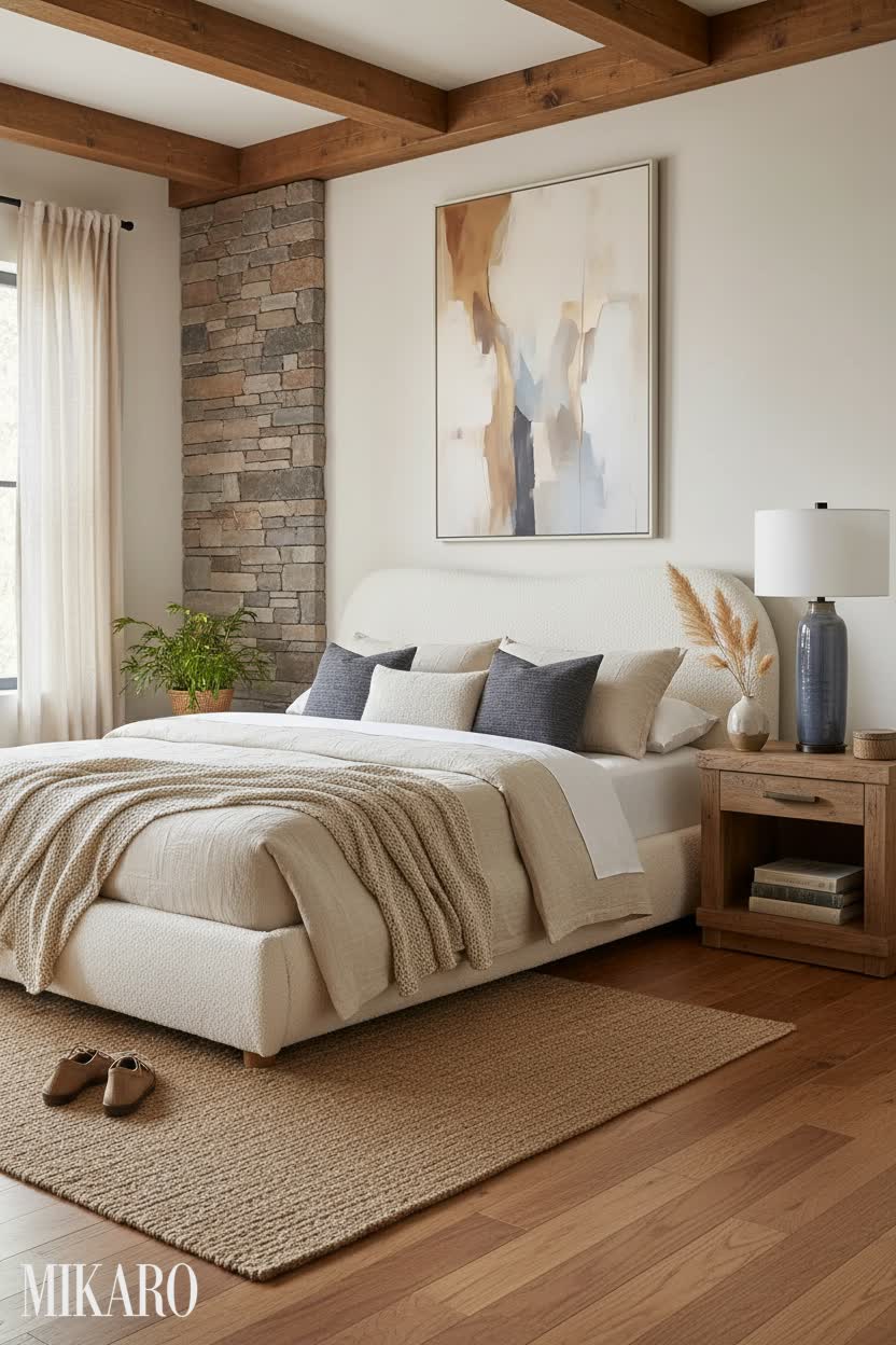 Rustic Bedroom Oasis: Earth Tones, Boucle Comfort, and Artistic Serenity
