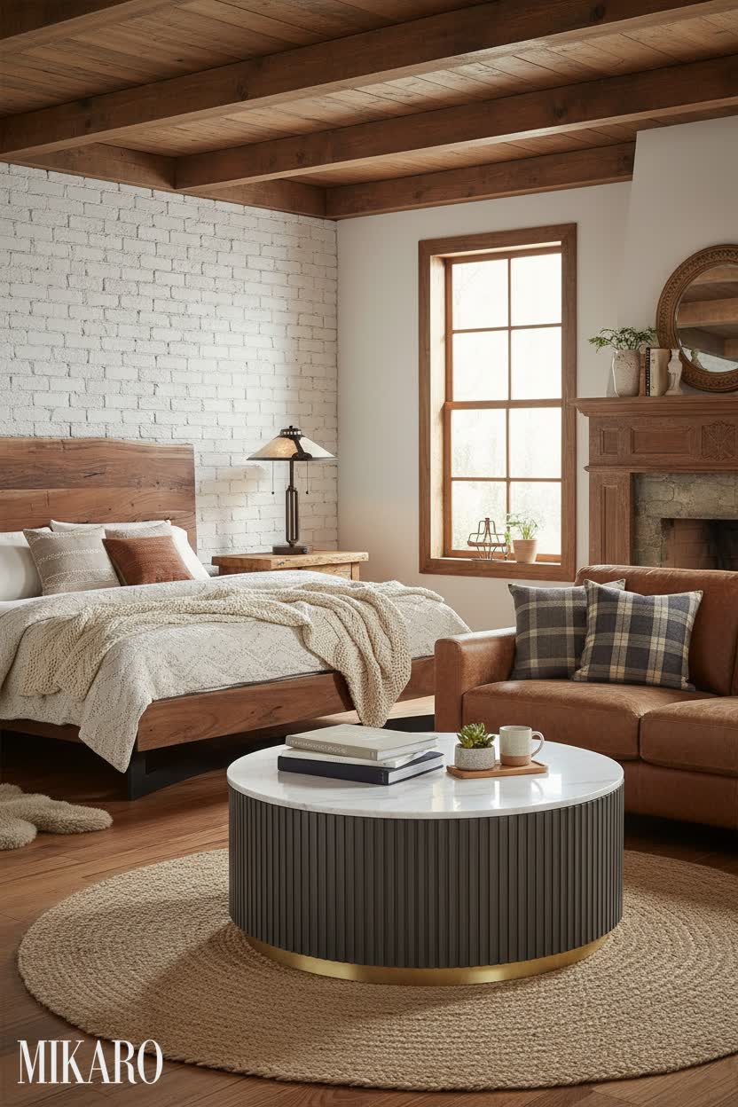 Rustic Chic Bedroom & Living Room: Bent Bed, Mission Lamp & Marble Coffee Table Combo