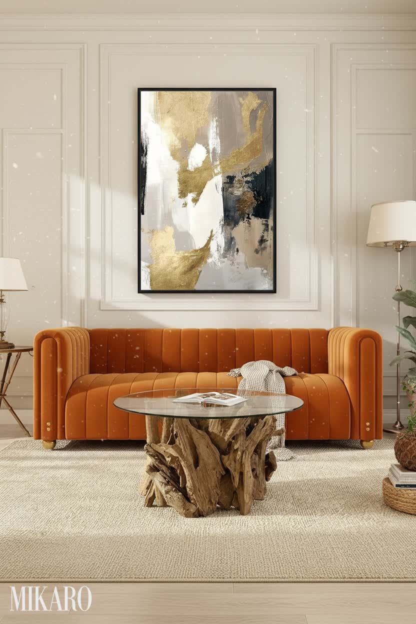 Rustic Chic Living Room Design: Orange Velvet Sofa, Driftwood Table, & Abstract Wall Art