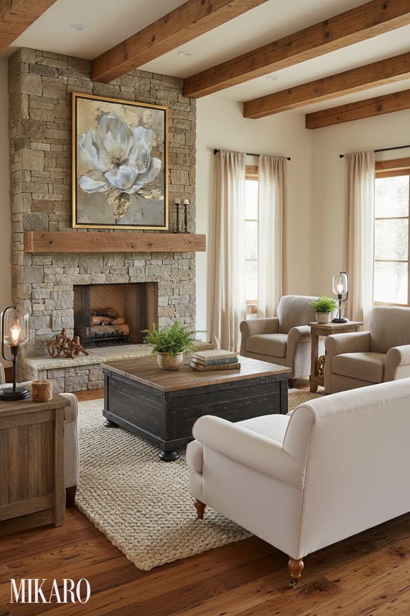 Rustic Chic Living Room: Sofa, Coffee Table & Wall Art - Cozy Farmhouse Decor Ideas