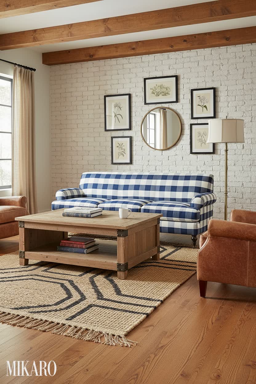 Rustic: Cozy Blue Gingham Sofa & Jute Textures Living Room