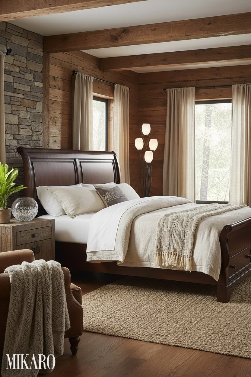 Rustic Elegance Bedroom: Sleigh Bed, Modern Lamp & Crystal Vase Decor Inspiration