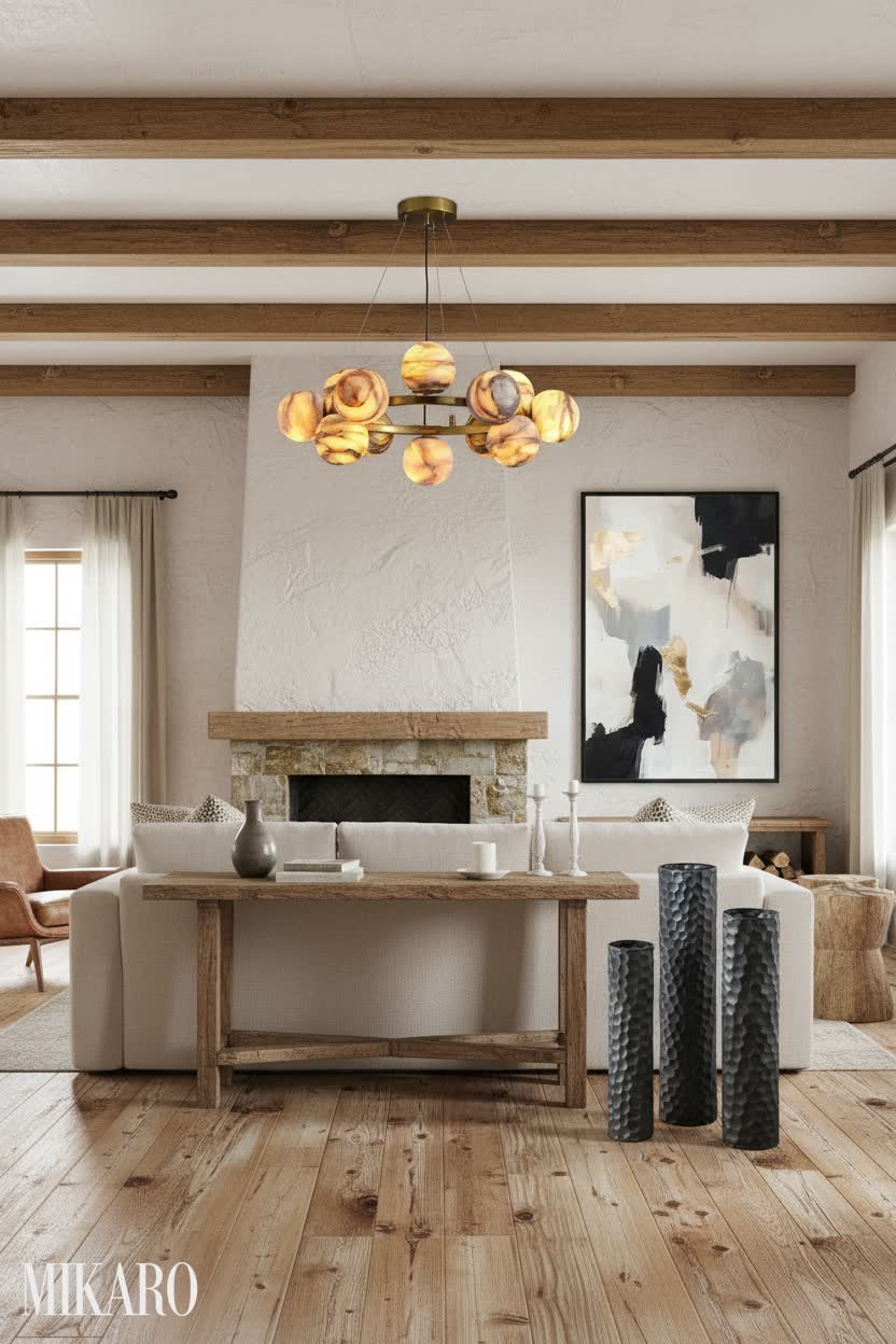 Rustic Elegance: Black Vases, Abstract Art & Sputnik Chandelier for Cozy Interiors