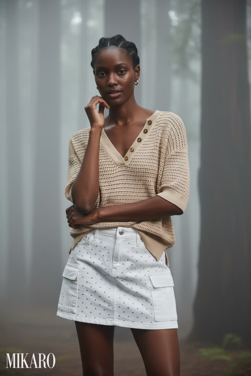 Rustic Elegance: Knit Top & Studded Cargo Skirt in the Mist