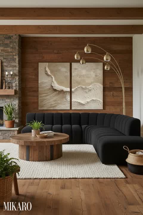 Rustic Elegance Living Room: Arched Lamp, Modular Sofa & Abstract Waves Art