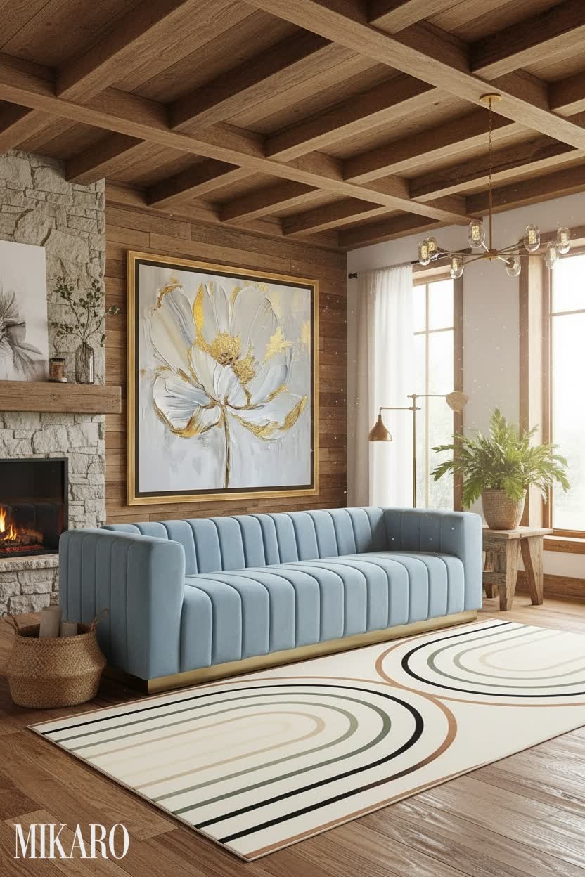 Rustic Elegance: Sky Blue Velvet Sofa, Floral Canvas & Mid-Century Rug Living Room Design