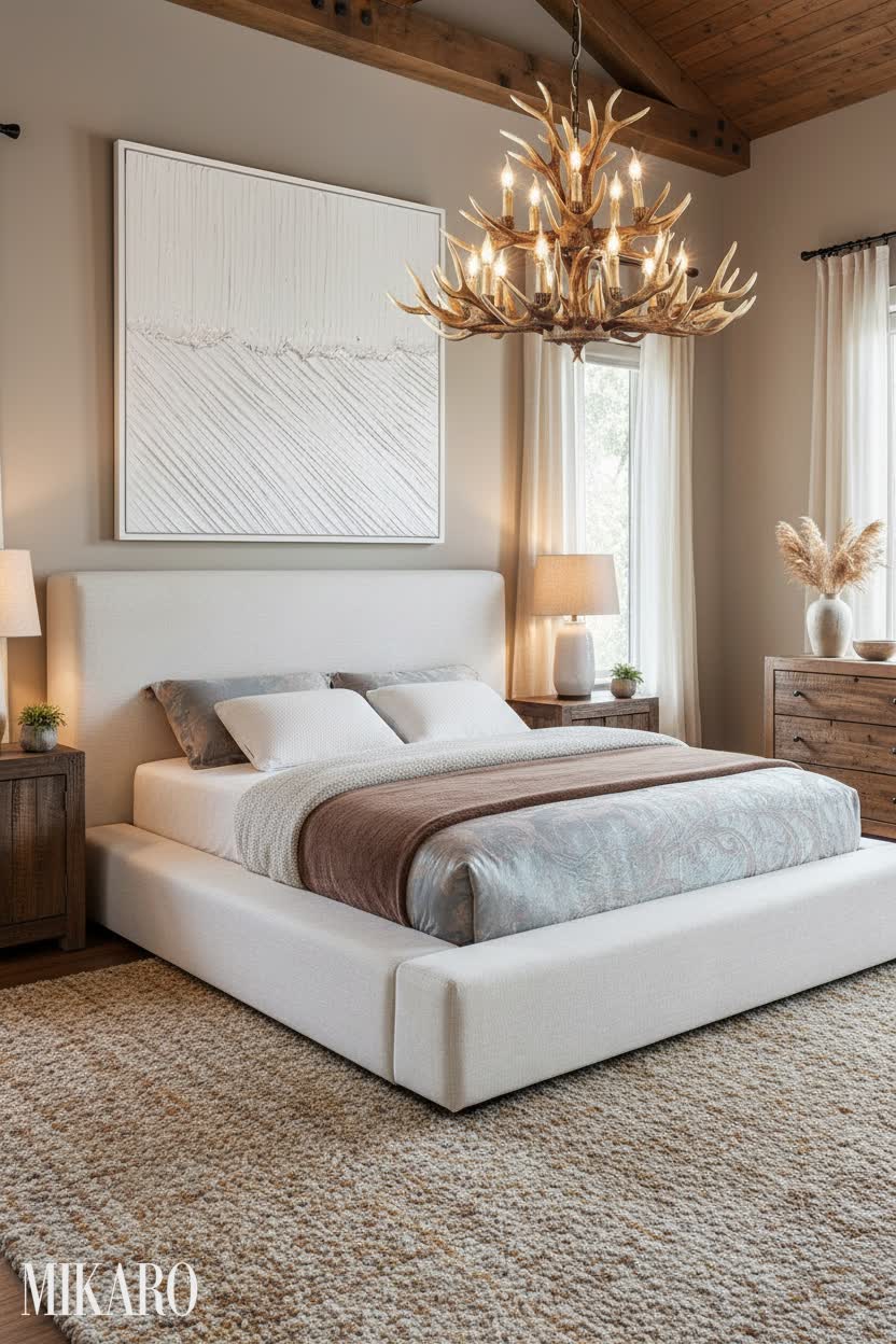 Rustic Farmhouse Bedroom Retreat: King Bed, Antler Chandelier & Serene Wall Art