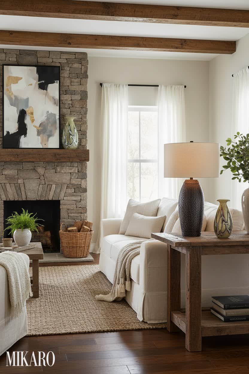 Rustic Farmhouse Living Room Decor with Murano Vase, Abstract Art, & USB Lamp