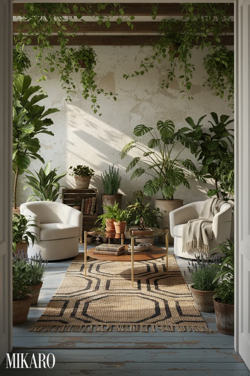 Rustic Indoor Garden Oasis with Dappled Sunlight