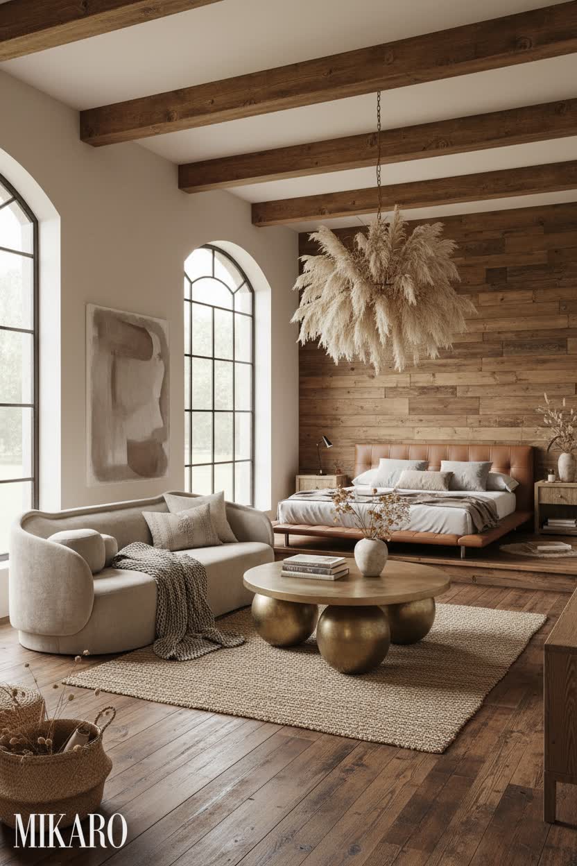Rustic Living Room: Velvet & Wood Contrast