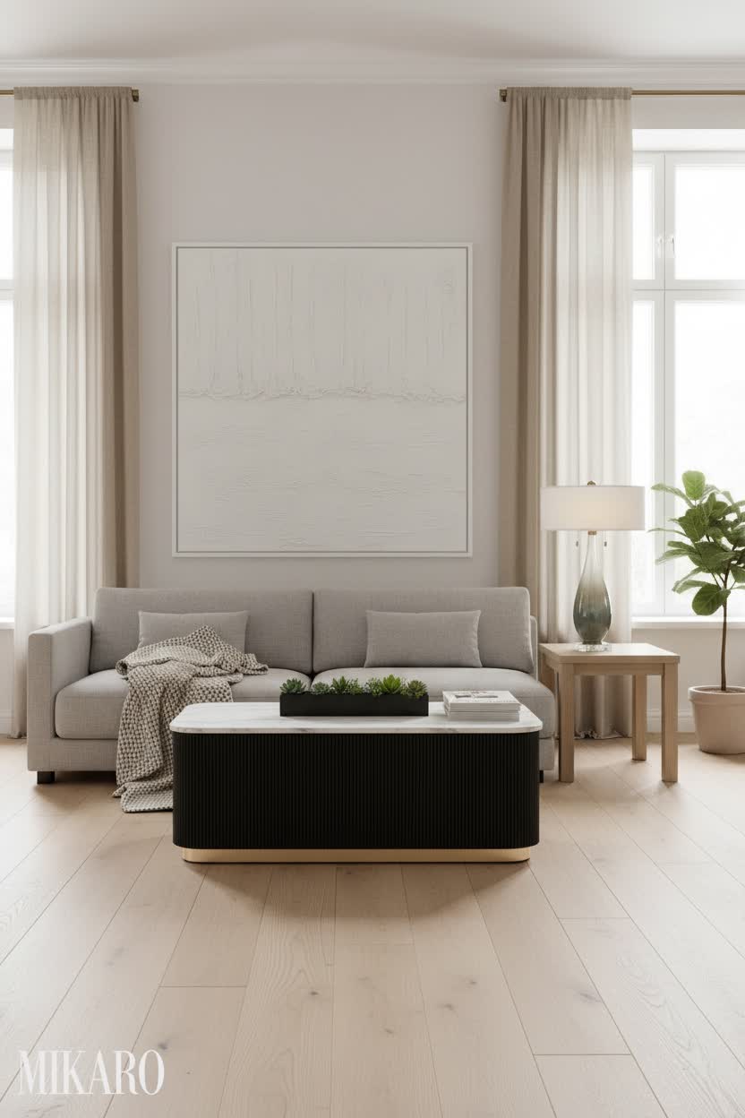 Scandinavian Chic Living Room: Marble Coffee Table, Textured Art & Elegant Lamp