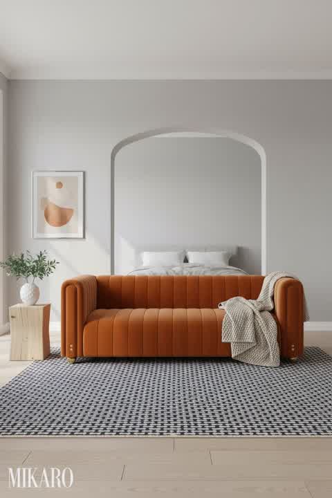 Scandinavian Chic Living Room: Orange Velvet Sofa, Woven Rug & Modern Comfort