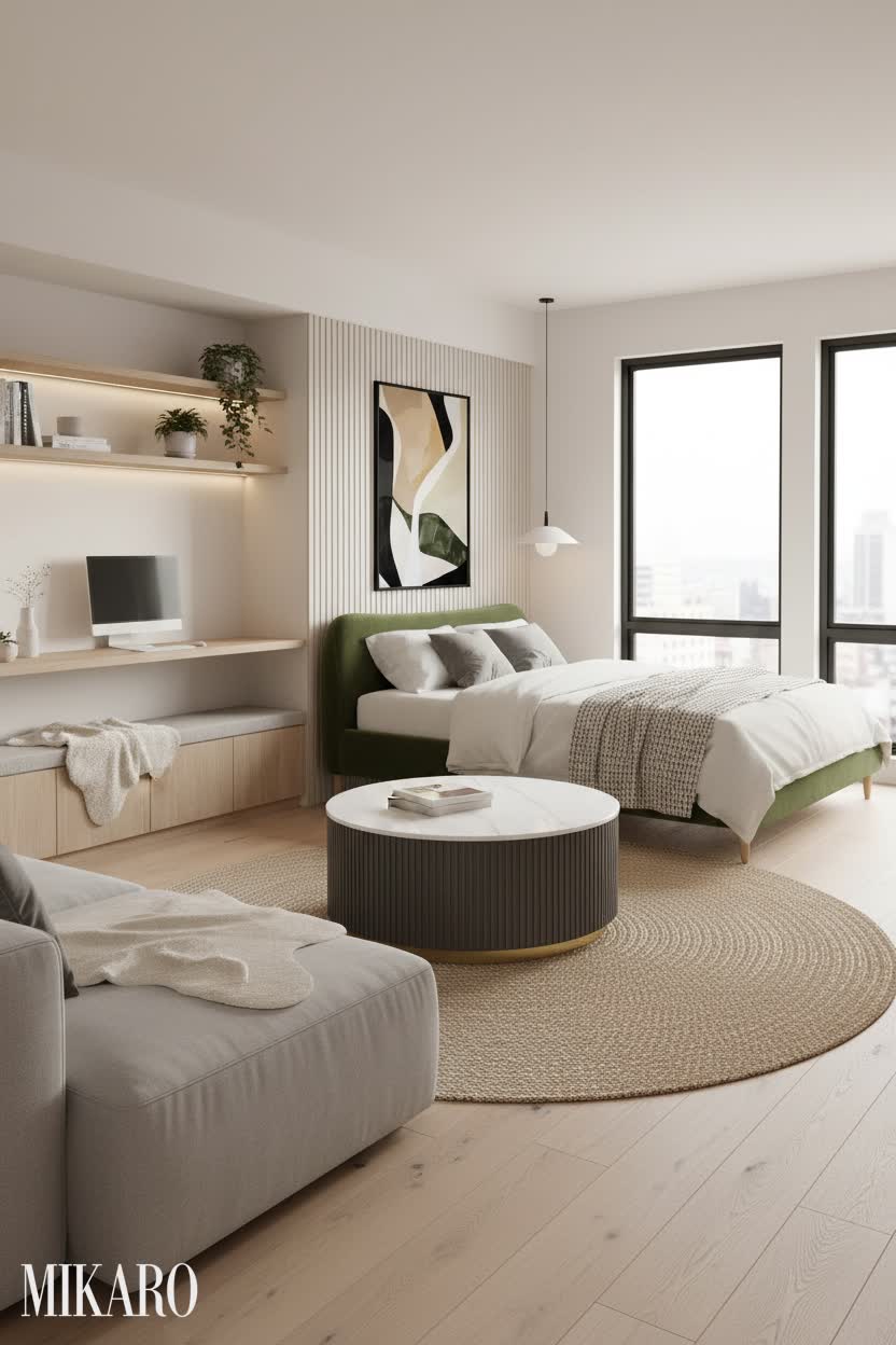 Scandinavian Micro-Apartment: Elegant Open-Plan Living & Vertical Design