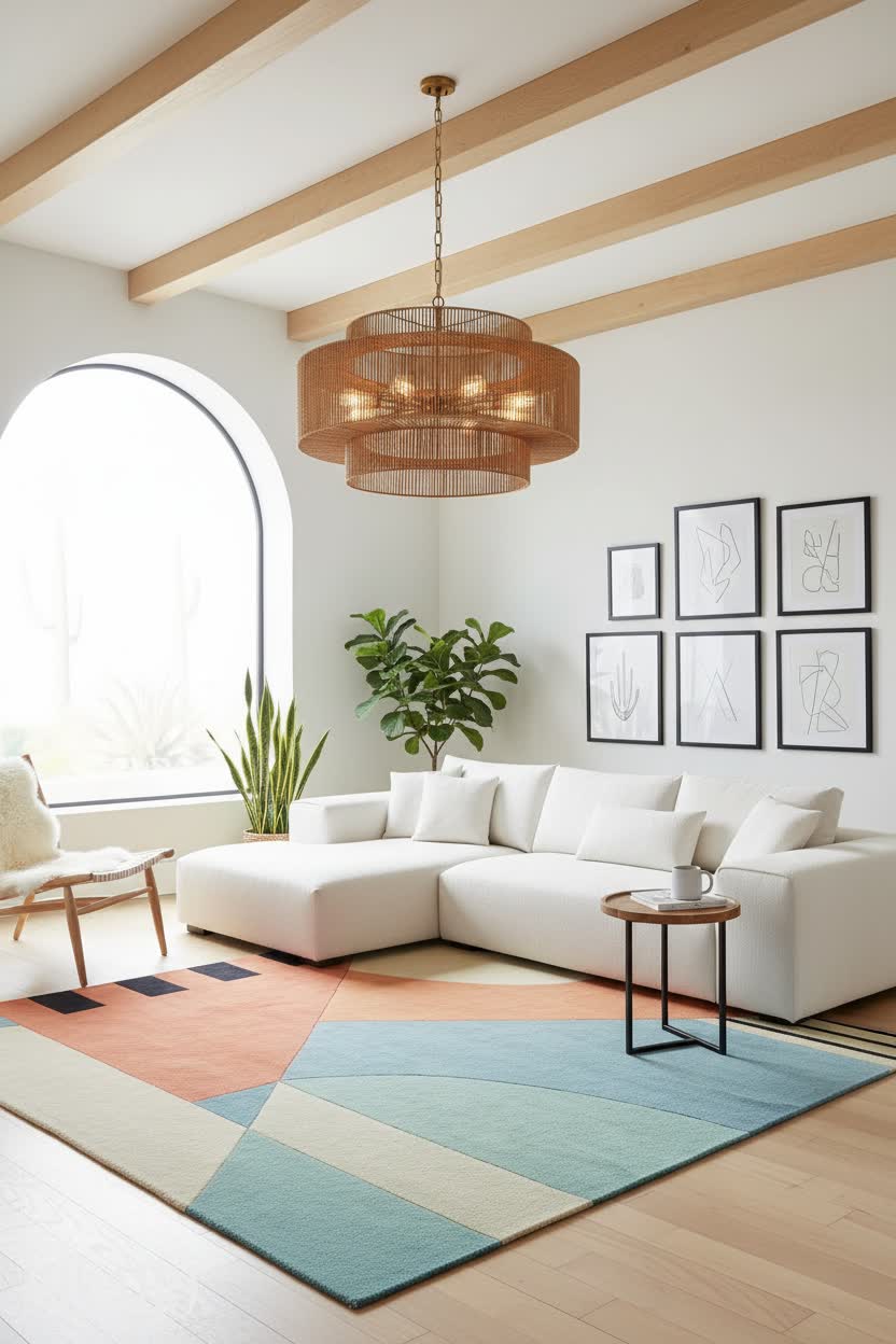 Scandinavian: Textured Rattan & Geometric Rug Living Room