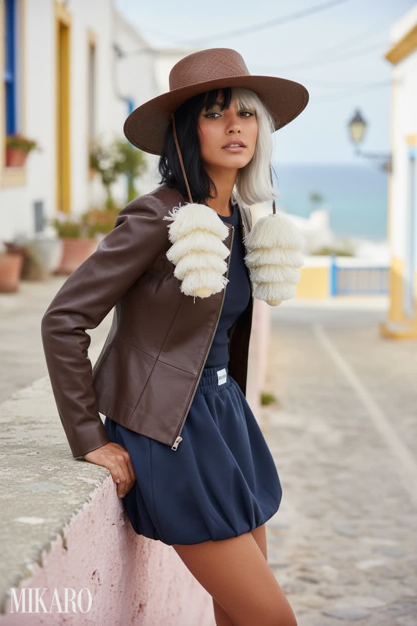 Seaside Serenity: Brown Leather Jacket & Navy Bubble Skirt Ensemble