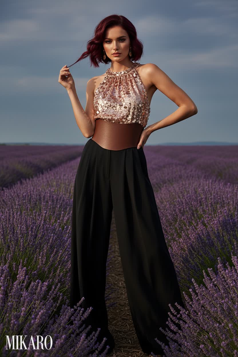Sequin Halter Top with Wide-Leg Trousers and Corset Belt