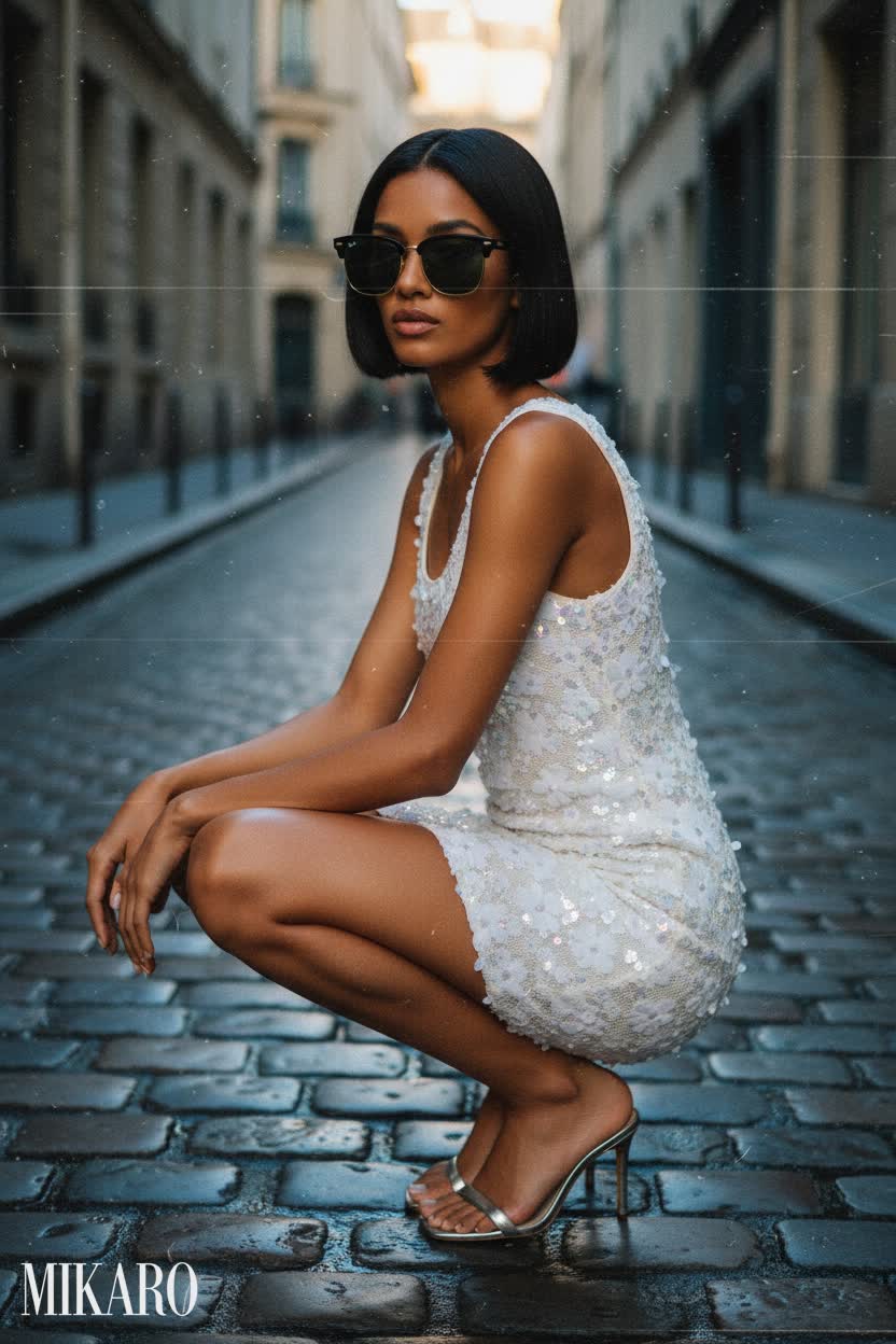 Sequin Mini Dress with Clubmaster Sunglasses in a Parisian Alleyway