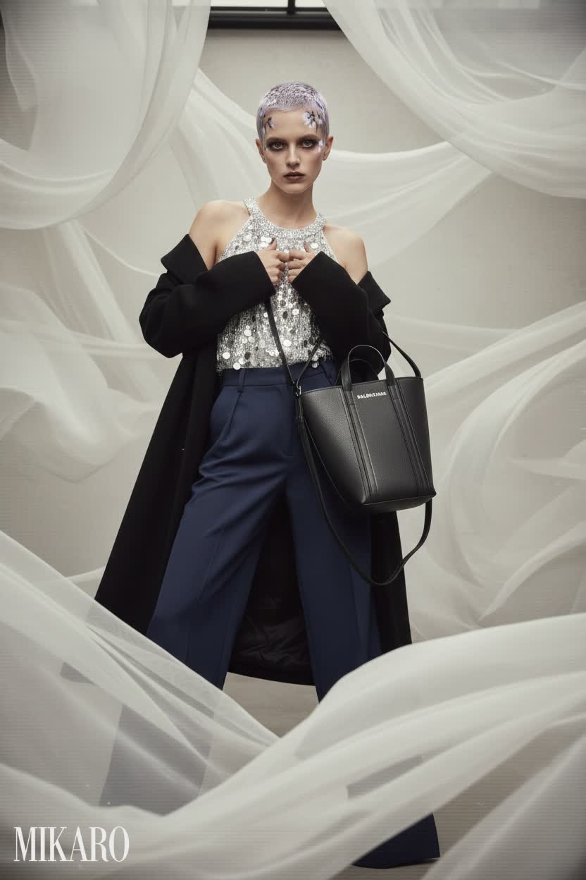 Sequined Halter Top with Wide-Leg Trousers and Tote Bag