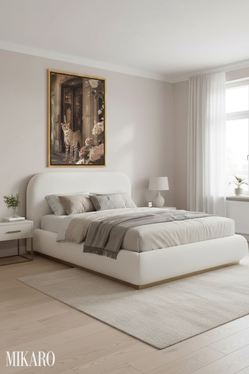 Serene Scandinavian Bedroom Retreat: Modern Boucle King Bed, Velvet Sofa & Chic Art