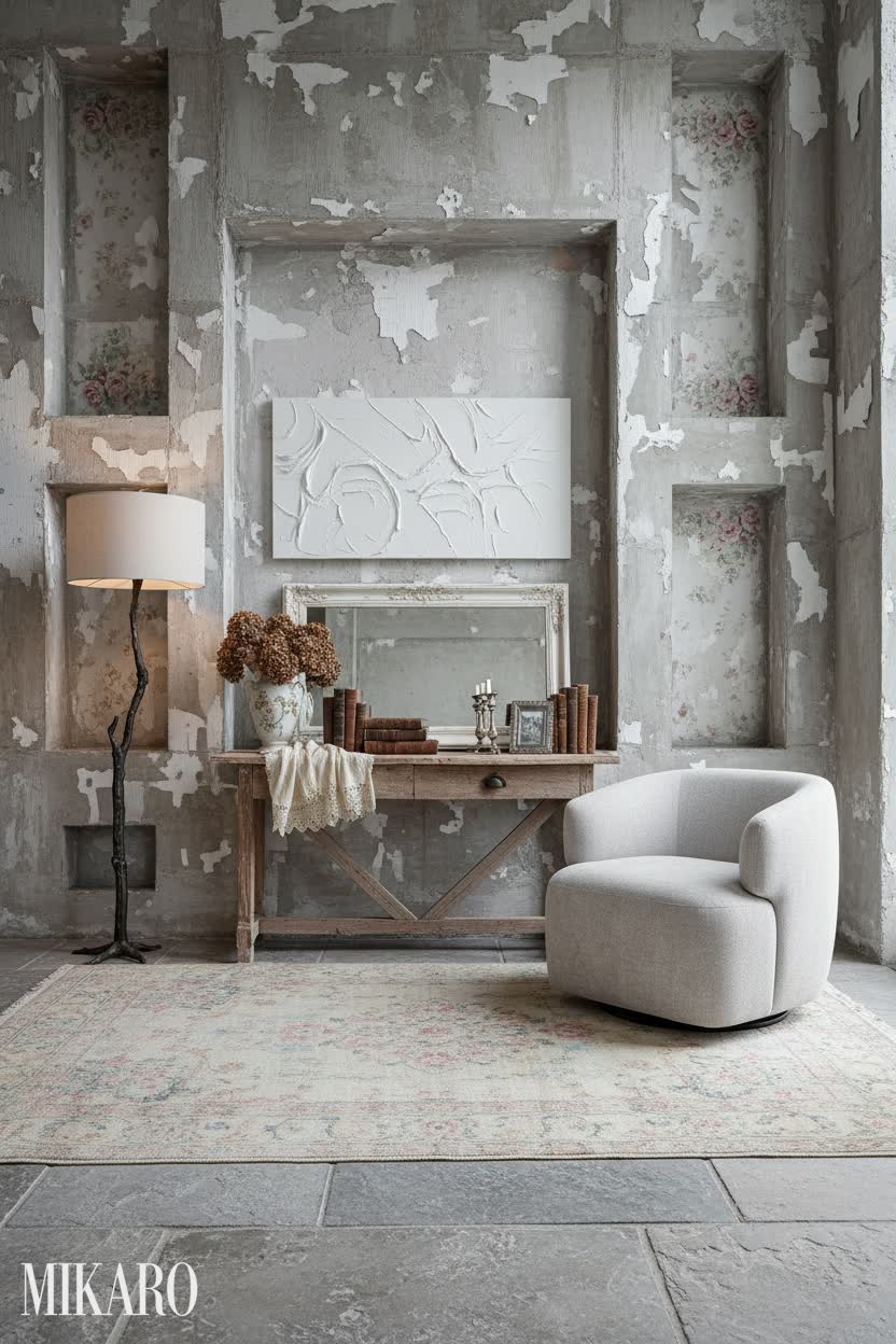 Shabby Chic: A Brutalist Entryway with Rustic Elegance and Cozy Comfort