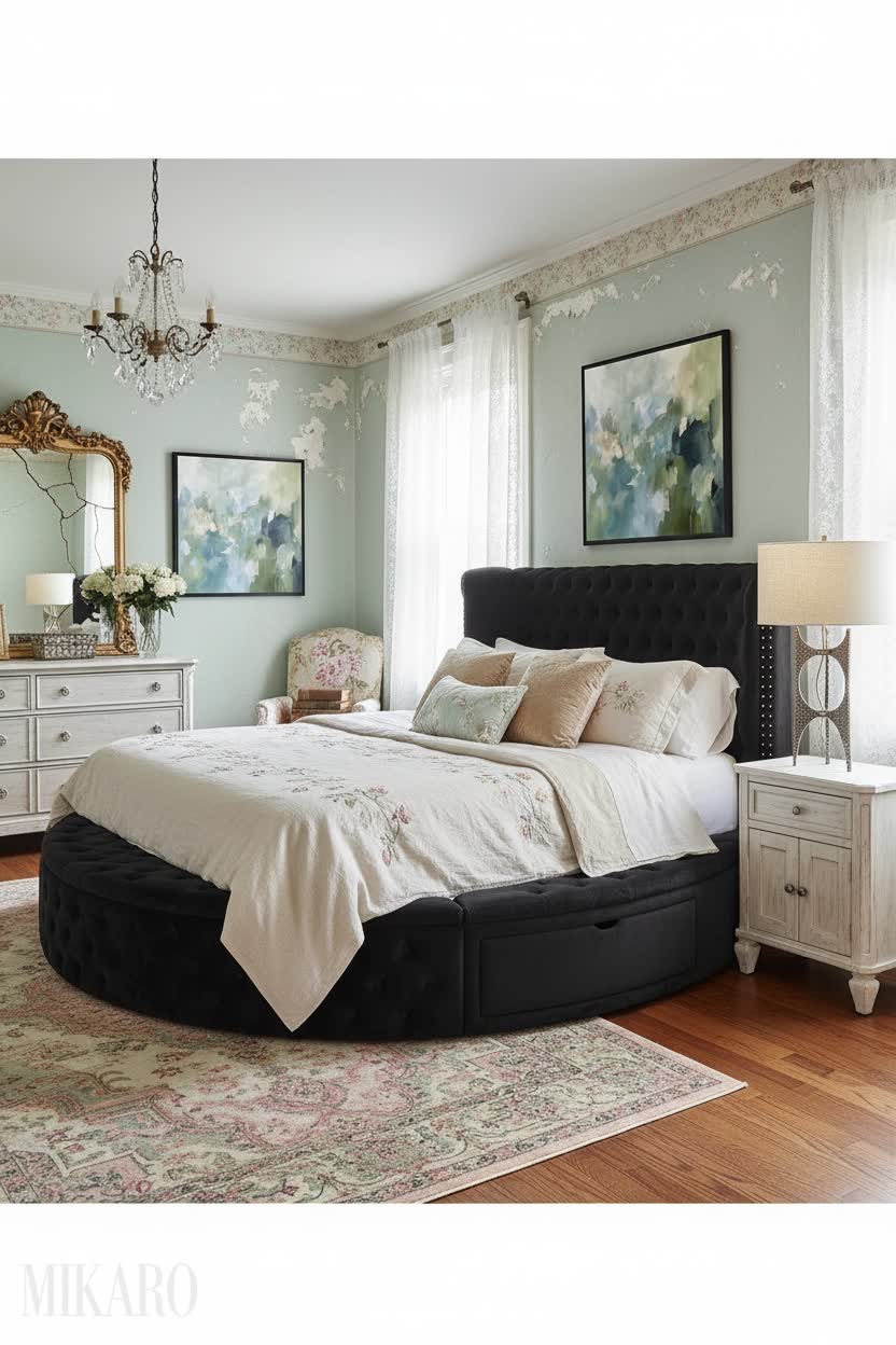Shabby Chic Bedroom Bliss: Velvet Round Bed, Bronze Lamp, & Serene Abstract Art