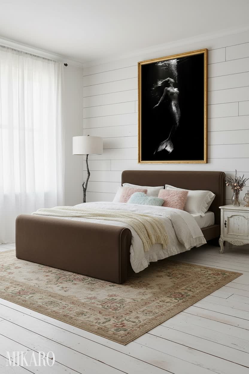 Shabby Chic Bedroom Retreat: Mermaid Art, Velvet Bed & Cast Iron Lamp for Dreamy Decor