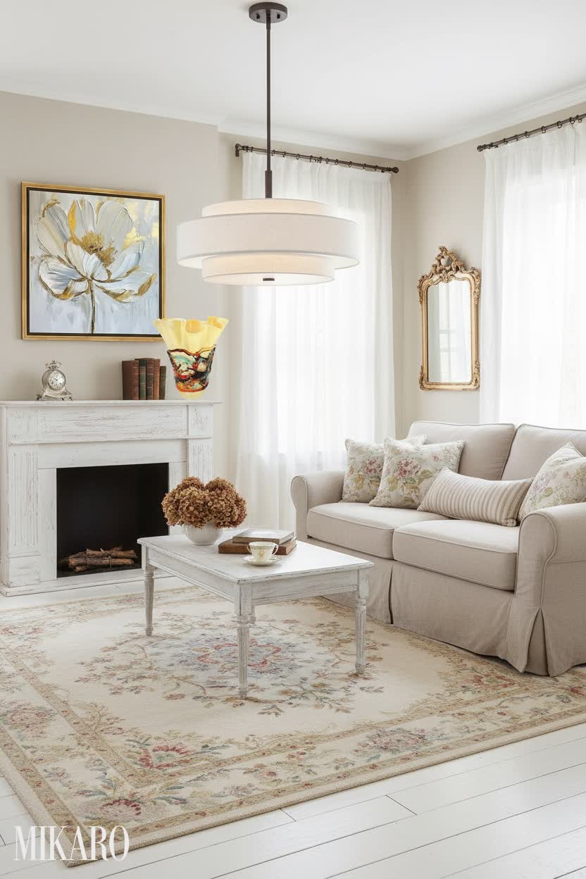 Shabby Chic Living Room Decor: Elegant Pendant Light, Floral Art & Murano Glass Vase