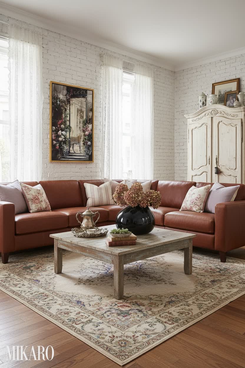 Shabby Chic Living Room Decor: Leather Sectional, Black Vase, & Floral Art
