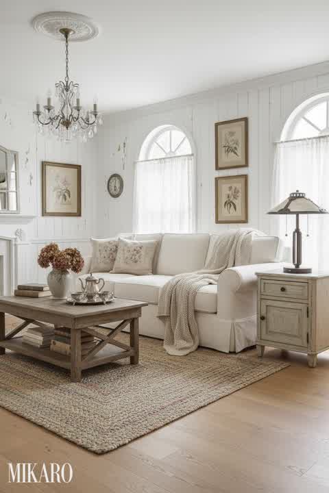 Shabby Chic Living Room Decor with Boucle Sofa & Rustic Lamp | Cozy Elegant Home Inspiration