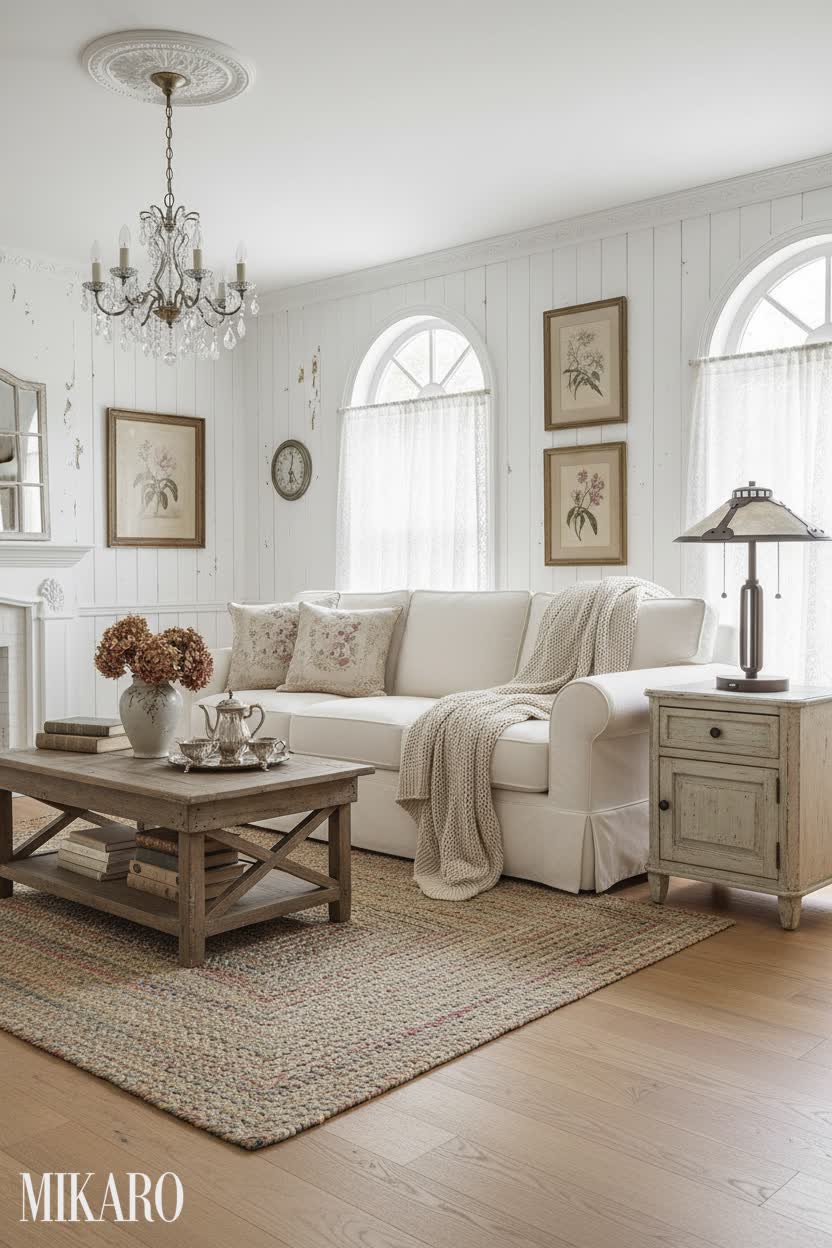 Shabby Chic Living Room Decor with Boucle Sofa & Rustic Lamp | Cozy Elegant Home Inspiration
