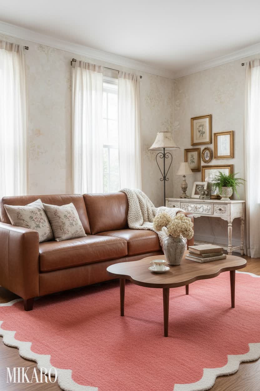 Shabby Chic Living Room Inspiration: Cloud Coffee Table, Leather Sofa & Wavy Rug Decor