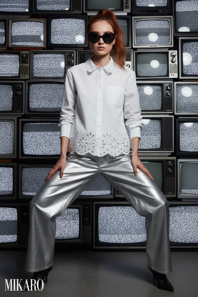 Silver pants, white eyelet shirt, black sunglasses, high ponytail, static TVs.