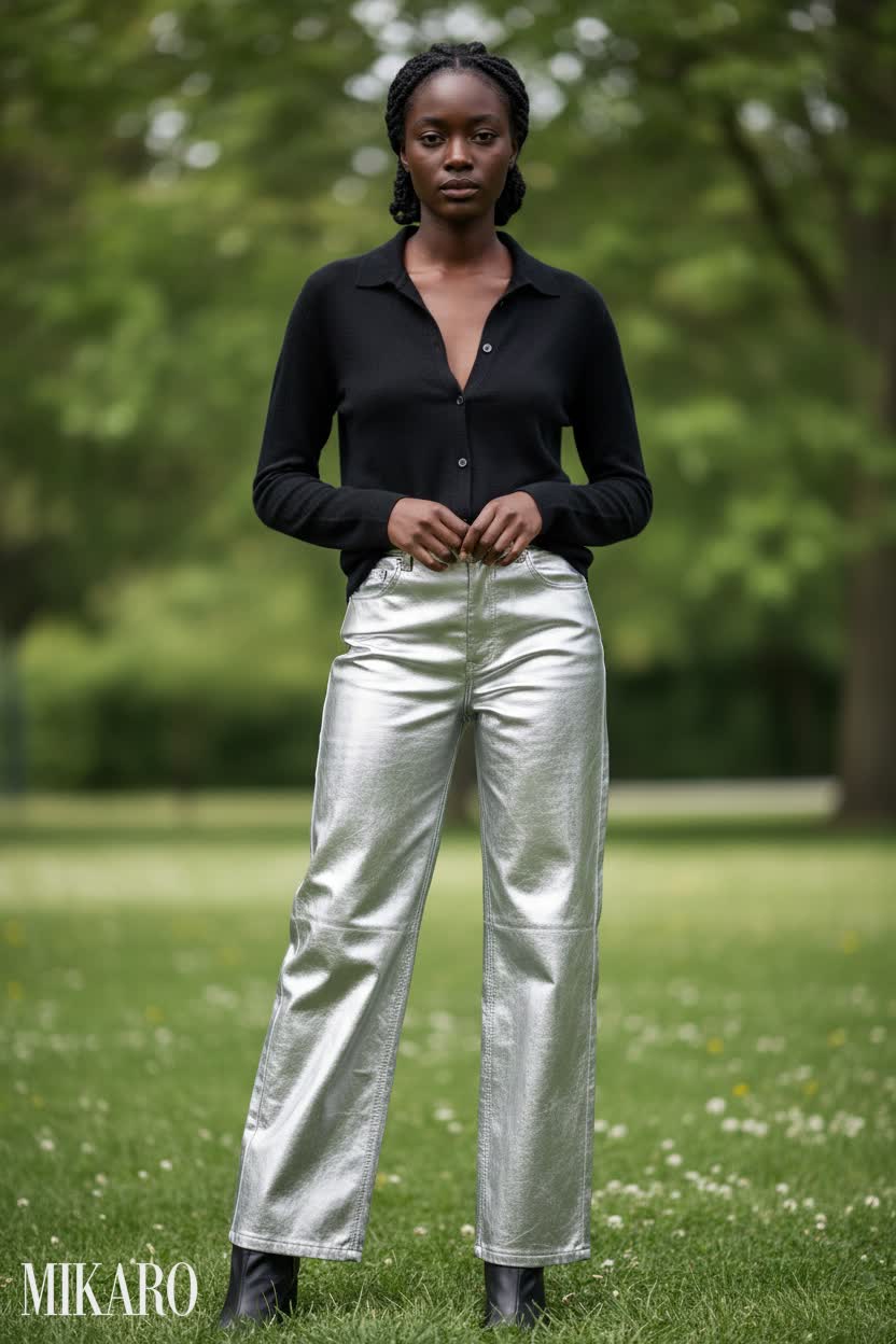 Silver Faux Leather Wide Leg Pants with Black Cashmere Button-Up Shirt