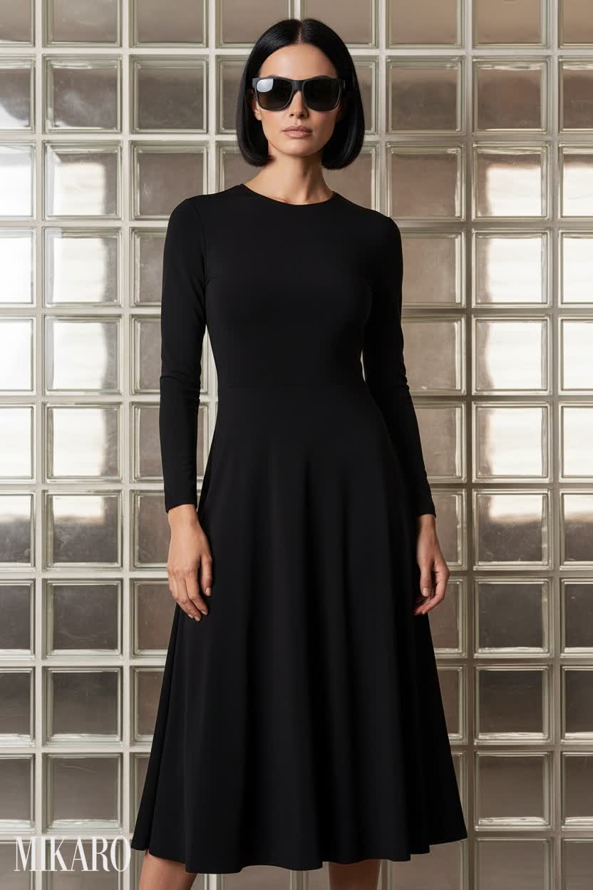 Woman in black long-sleeve midi dress and black sunglasses.