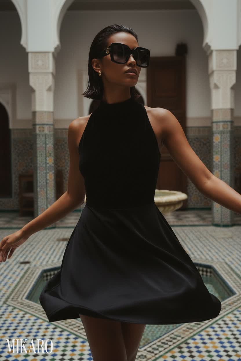 Sleek Black Mini Dress with Statement Sunglasses