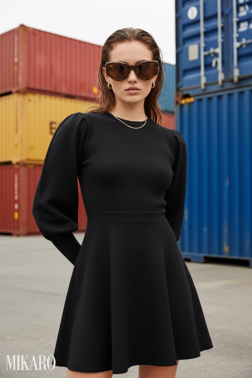 Sleek Black Mini Dress with Statement Sunglasses