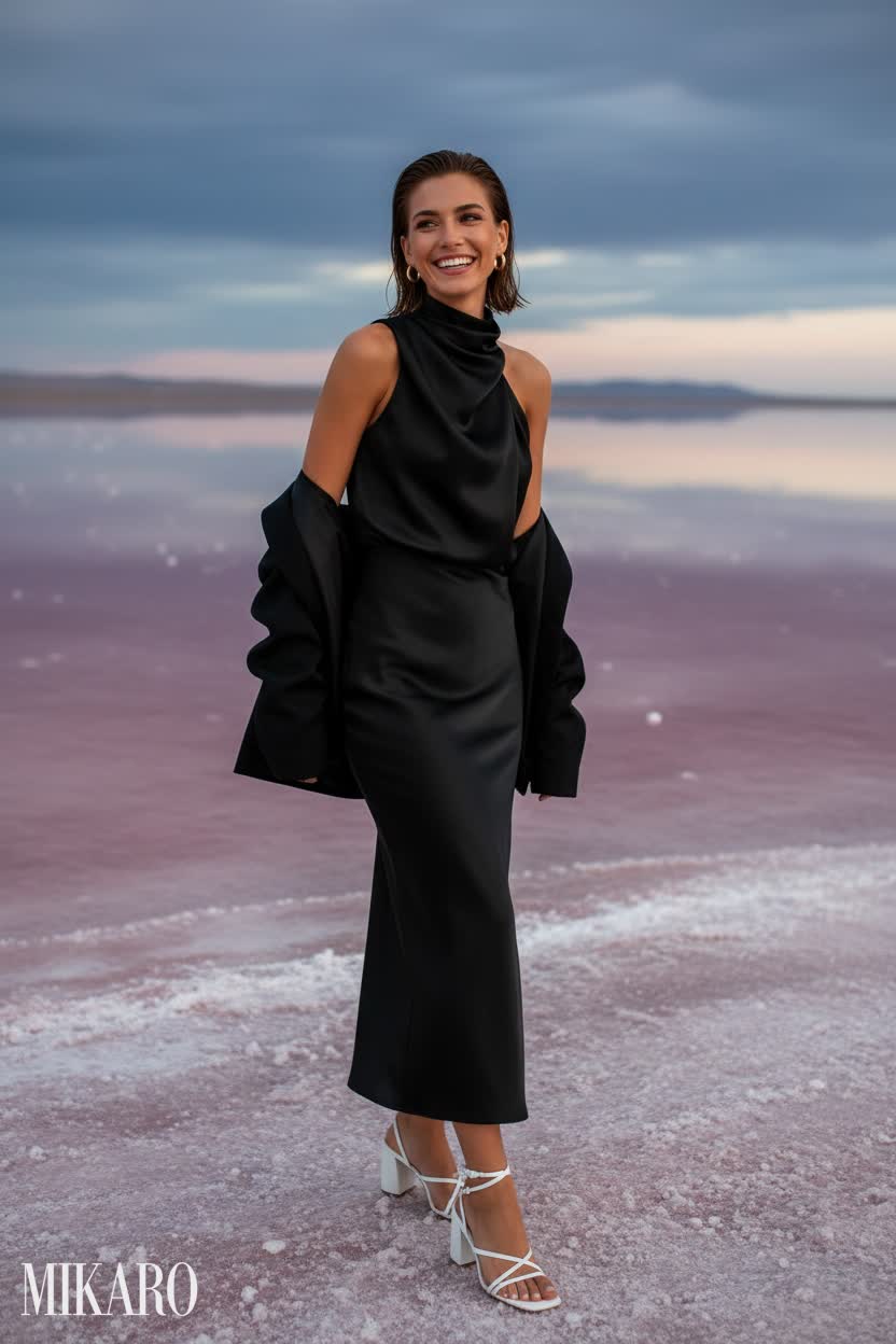 Sleek Black Satin Maxi Dress with Off-Shoulder Jacket