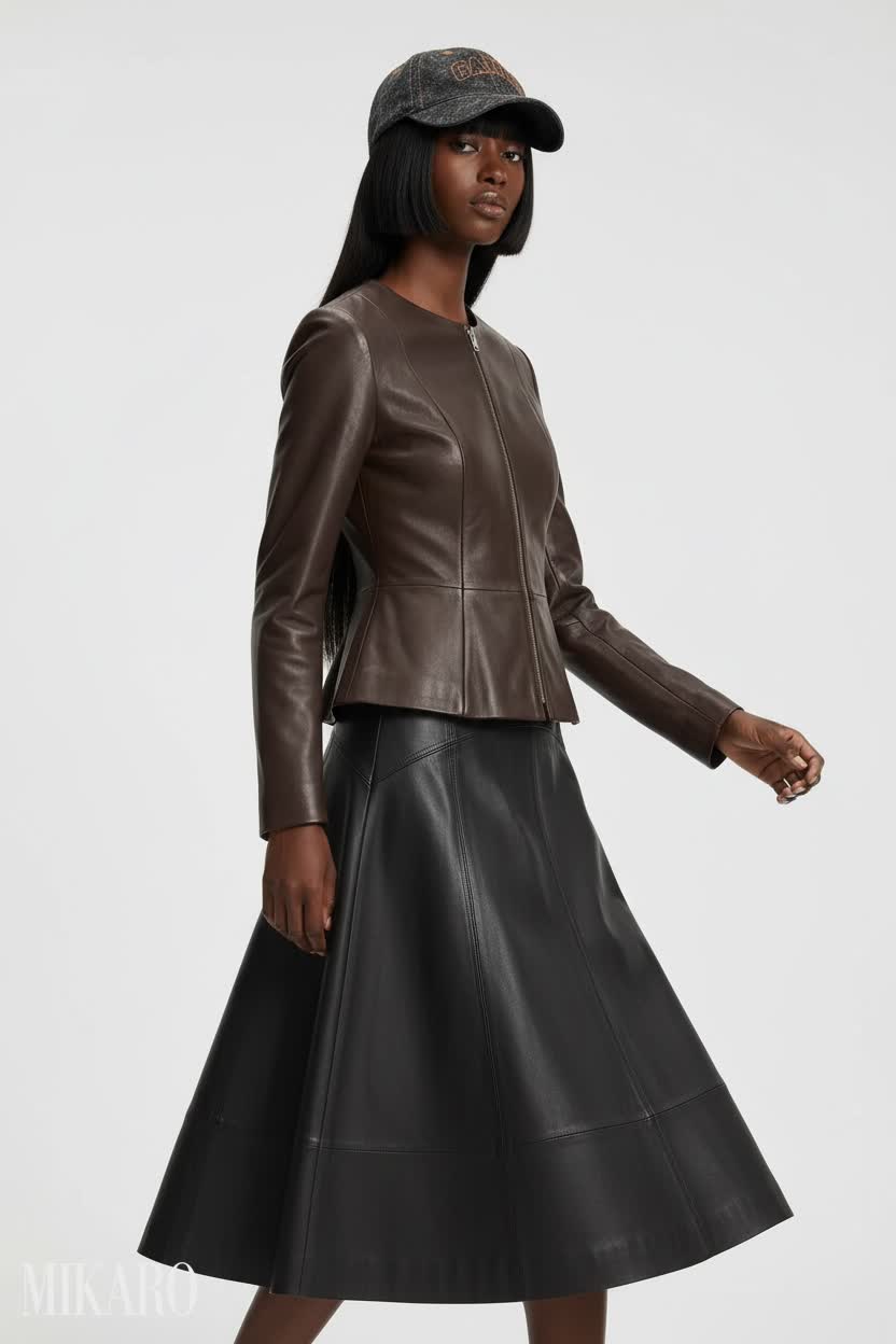 Sleek Leather Ensemble with Denim Cap on White Studio Background