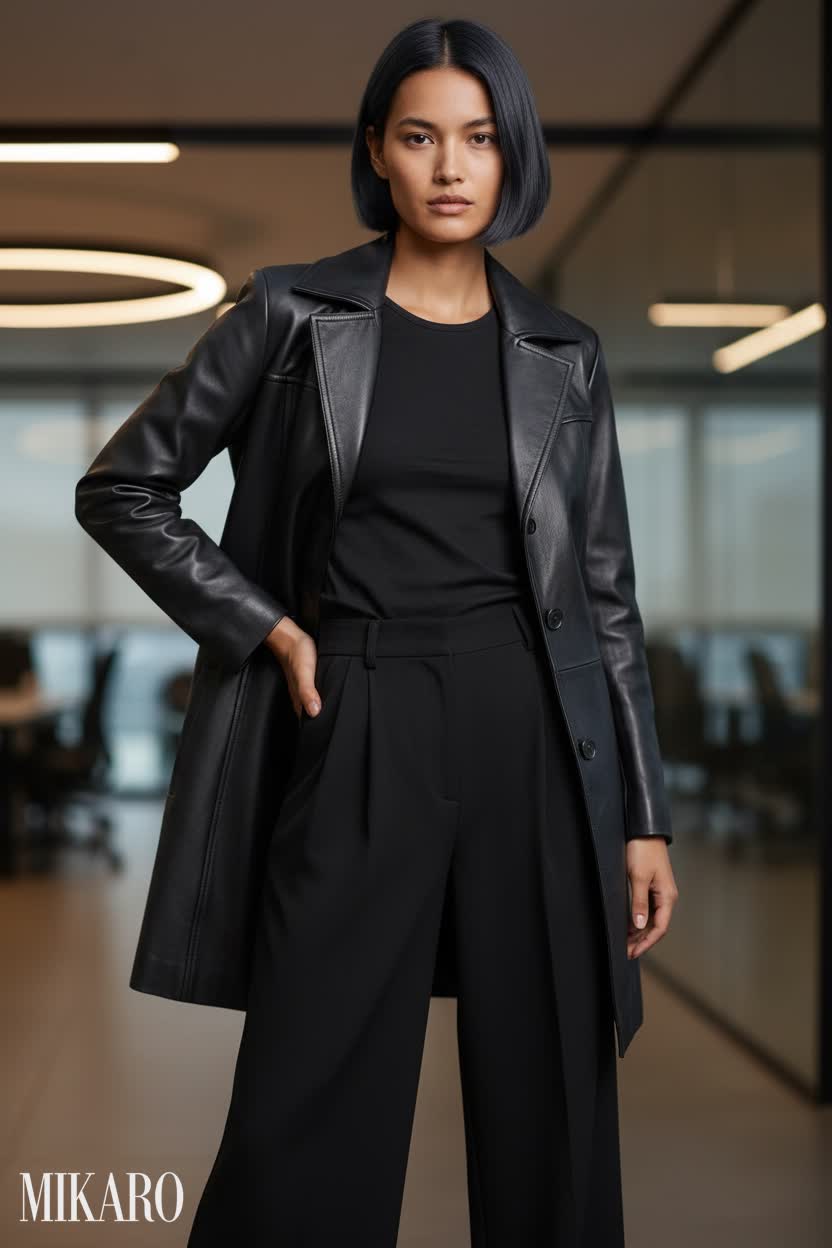 Sleek Professional in Leather and Wide-Leg Trousers