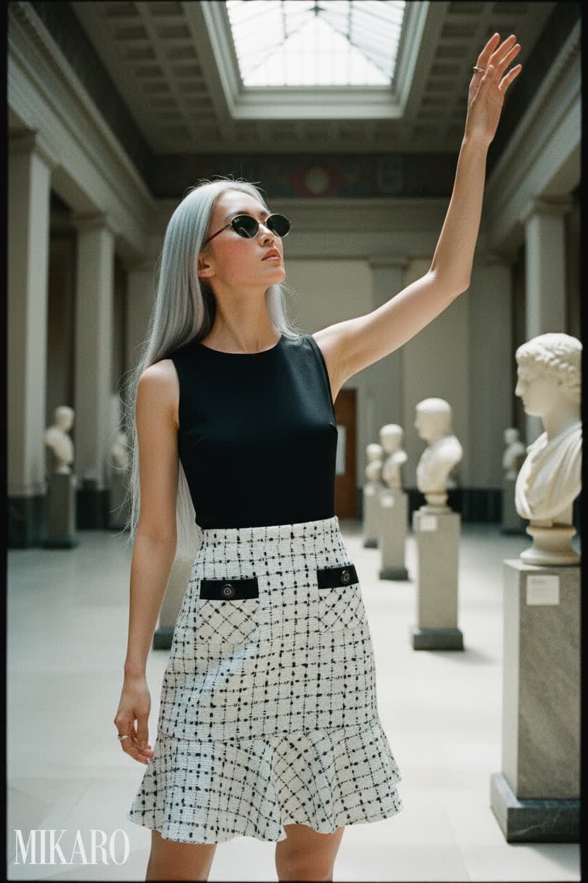 Sleeveless Dress with Tweed Skirt and Oval Sunglasses