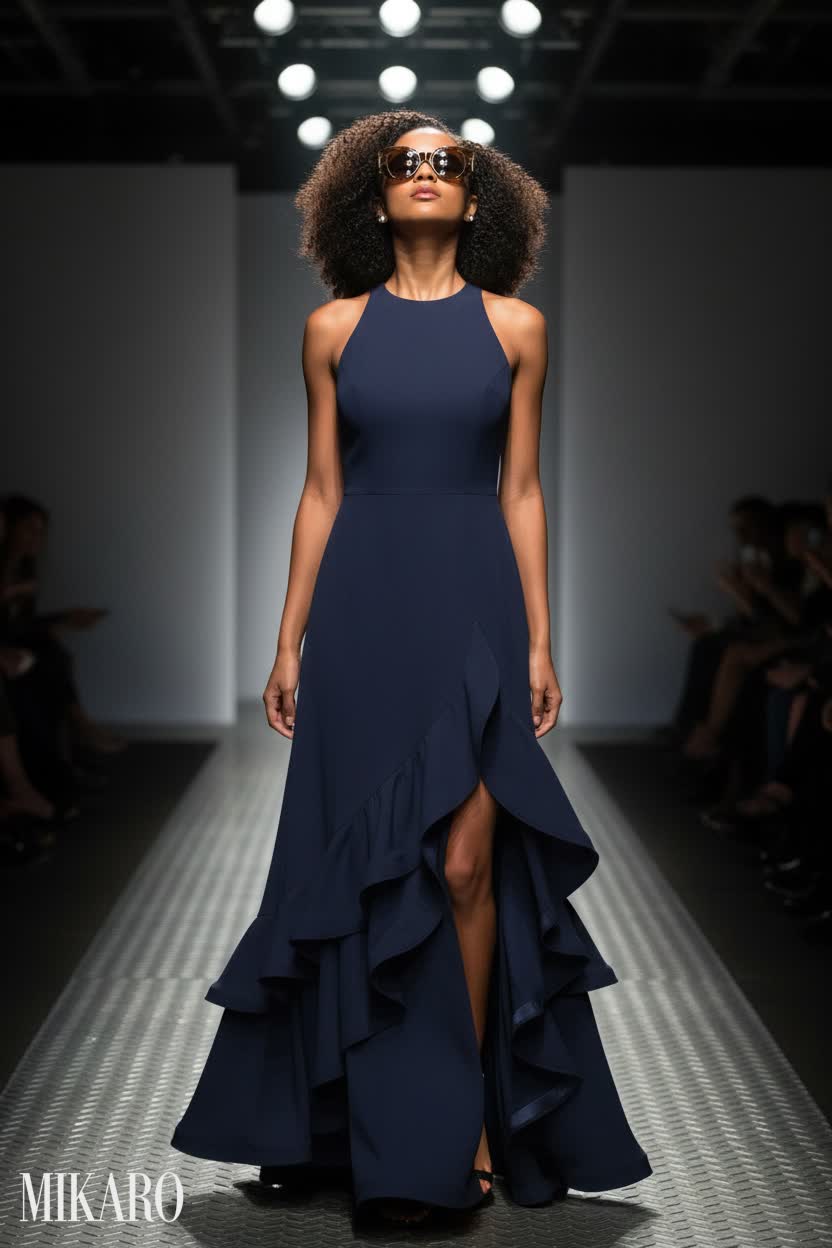 Sleeveless Ruffle Gown with Havana Sunglasses