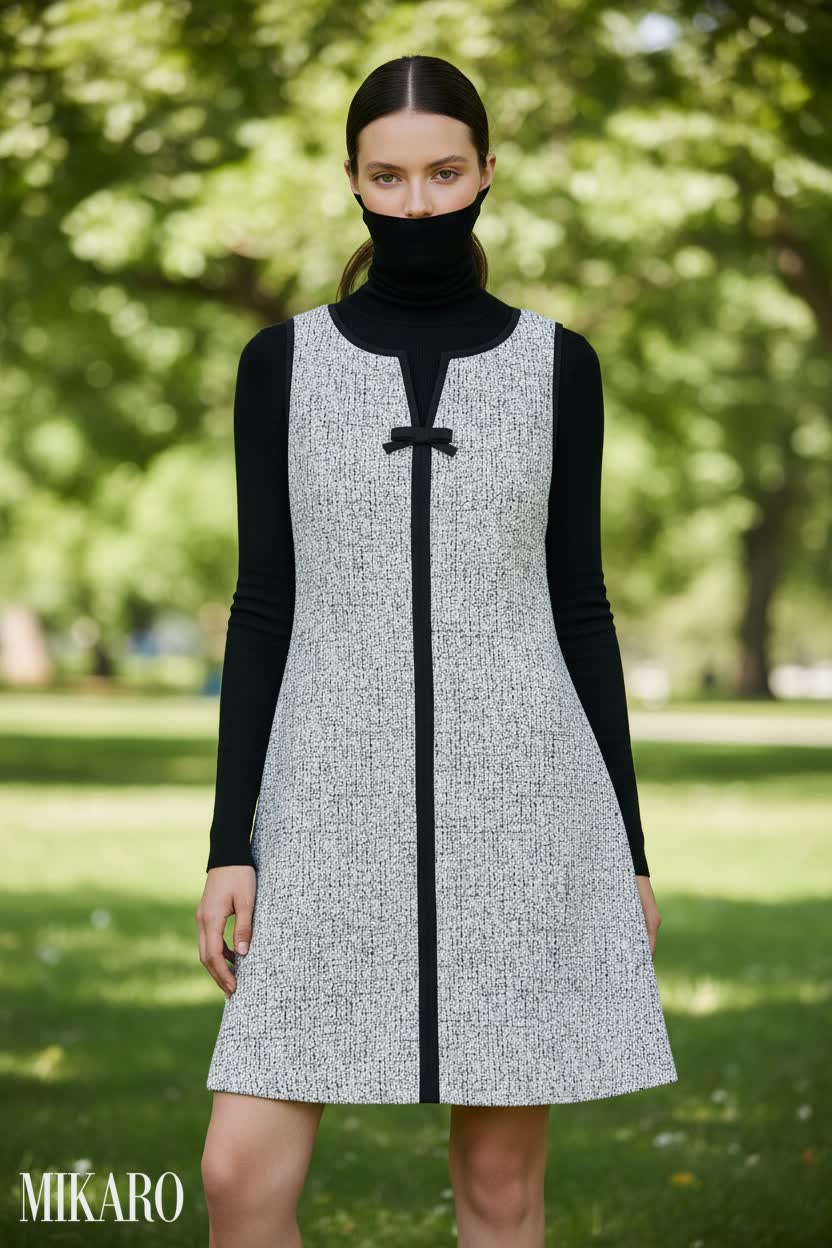 Sleeveless Tweed Dress with Bow Detail and Turtleneck