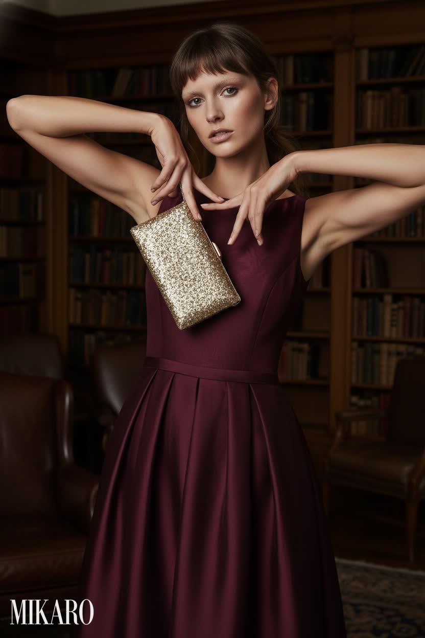 Sophisticated Burgundy Gown with Glitter Clutch