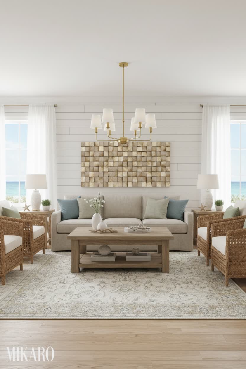 Sophisticated Coastal Living Room: Oushak Rug, 3D Wood Art & Gold Chandelier