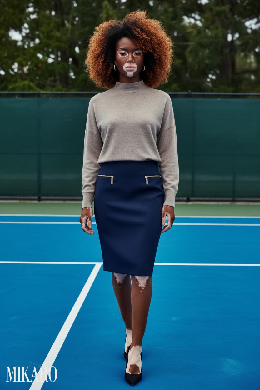 Pencil skirt, mockneck sweater, confident pose, vibrant tennis court.